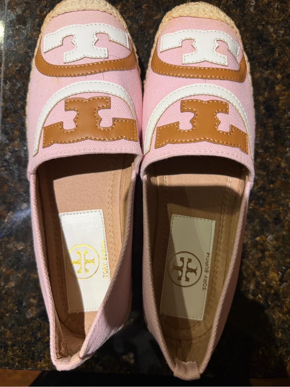 Tory Burch Pink Canvas Espadrilles with Tan and White Logo Trim
